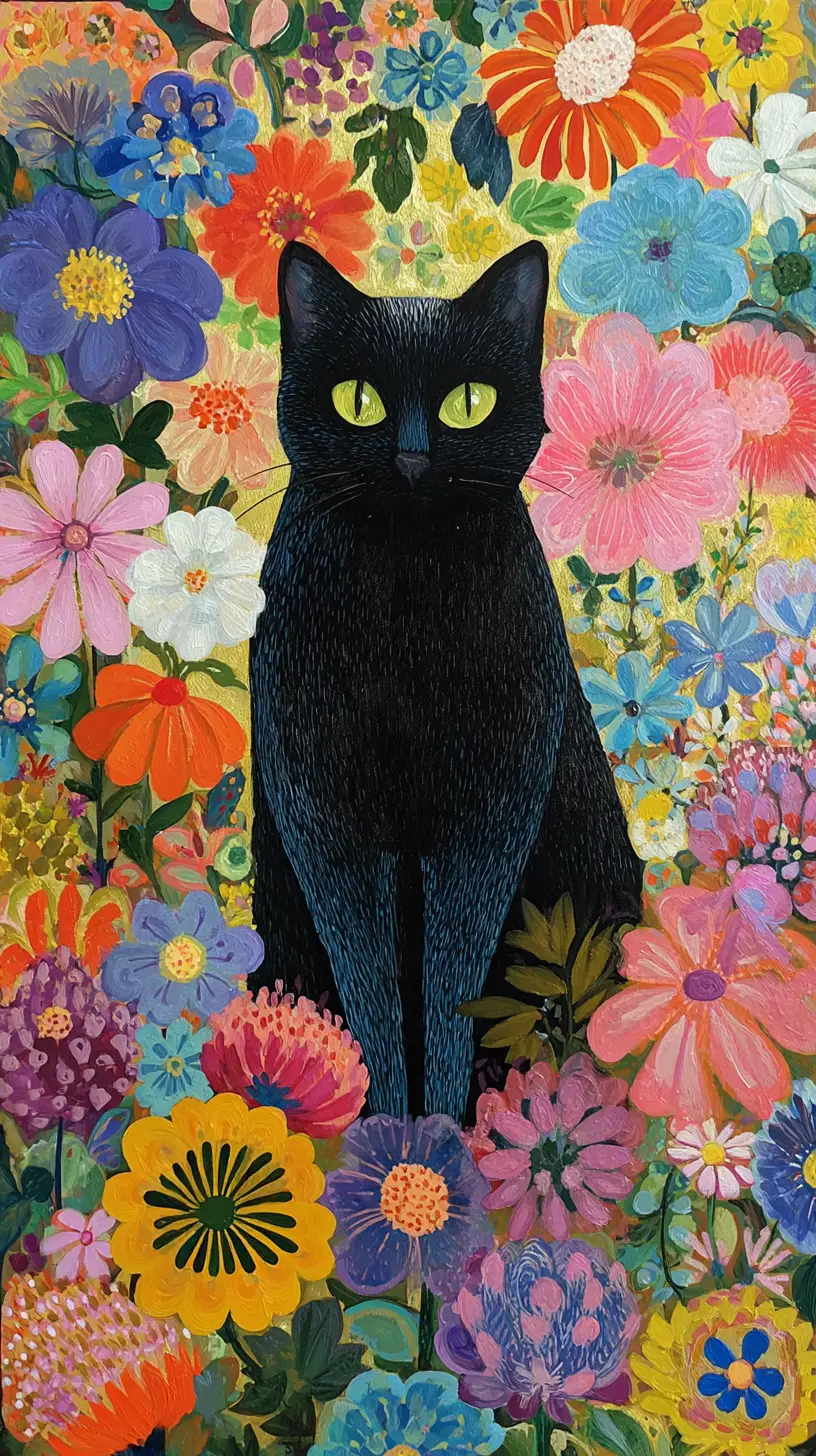 Black cat among colorful flowers in a decorative garden