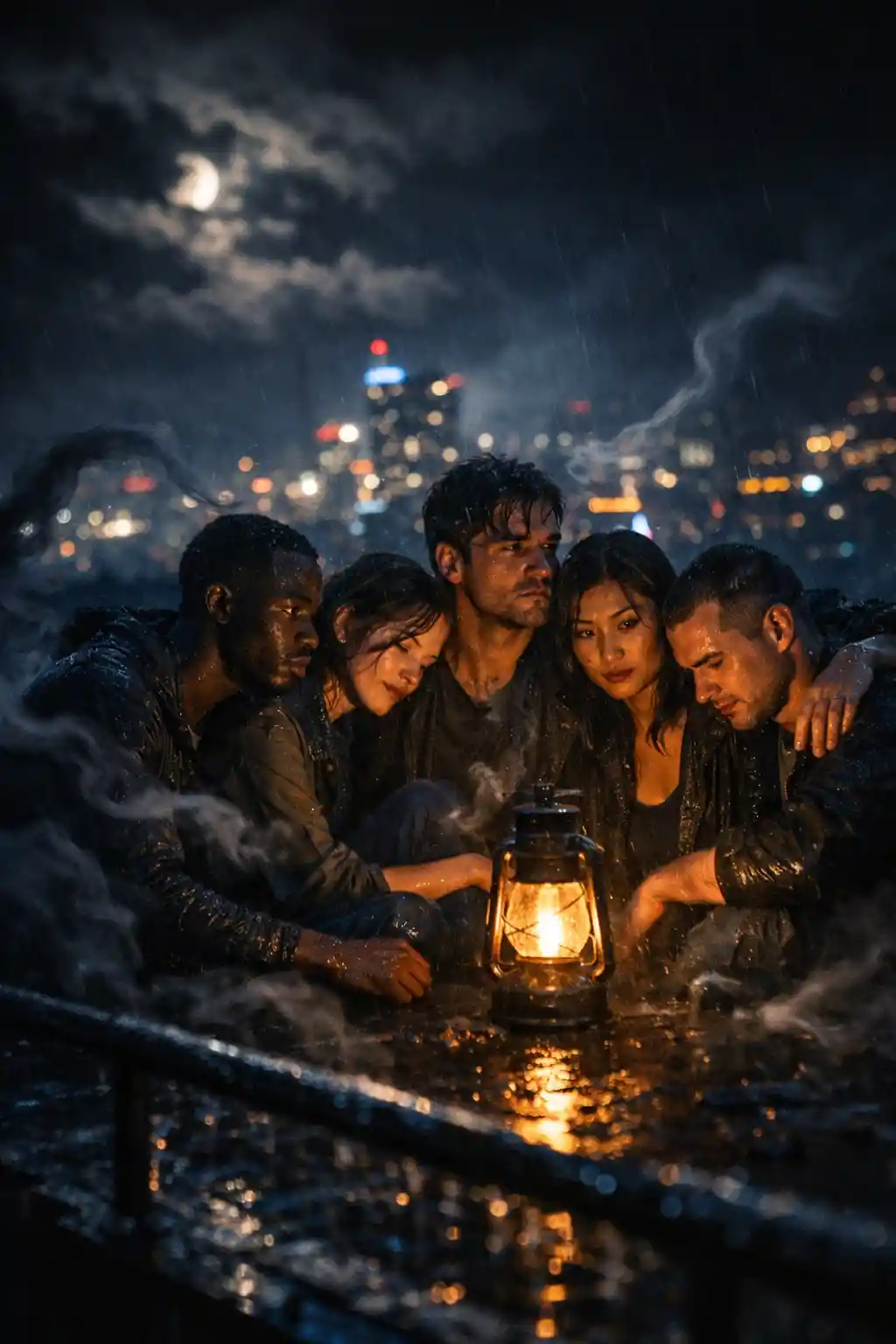 Friends huddled on a rainy rooftop under fragile lantern light