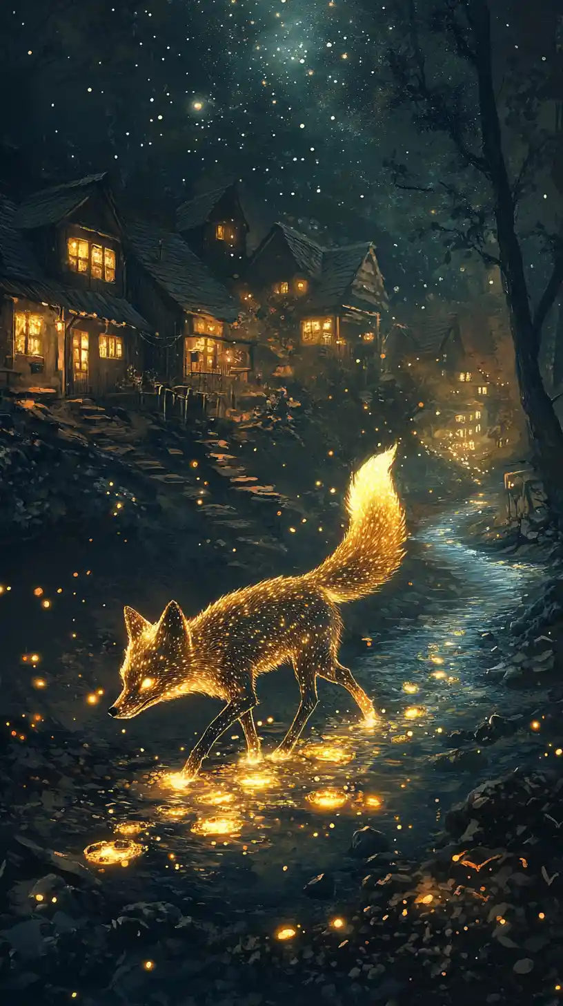 Volpe luminosa che cammina lungo una magica riva illuminata dalle stelle