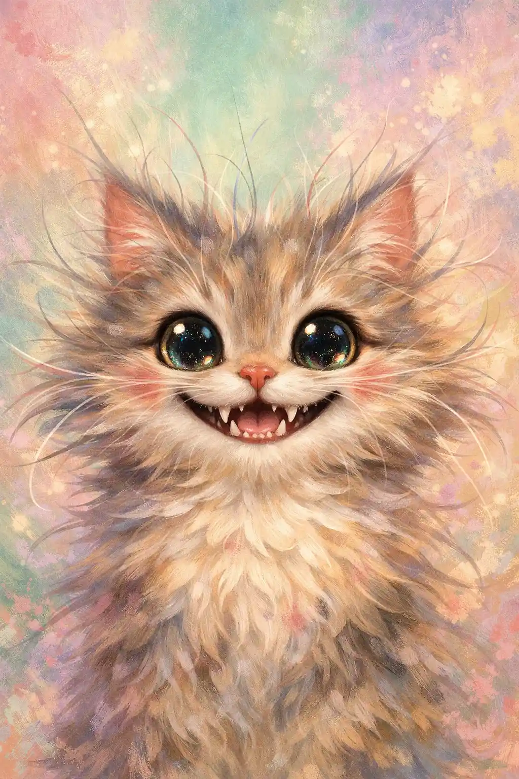 Whimsical close up illustration of a joyful fluffy cat