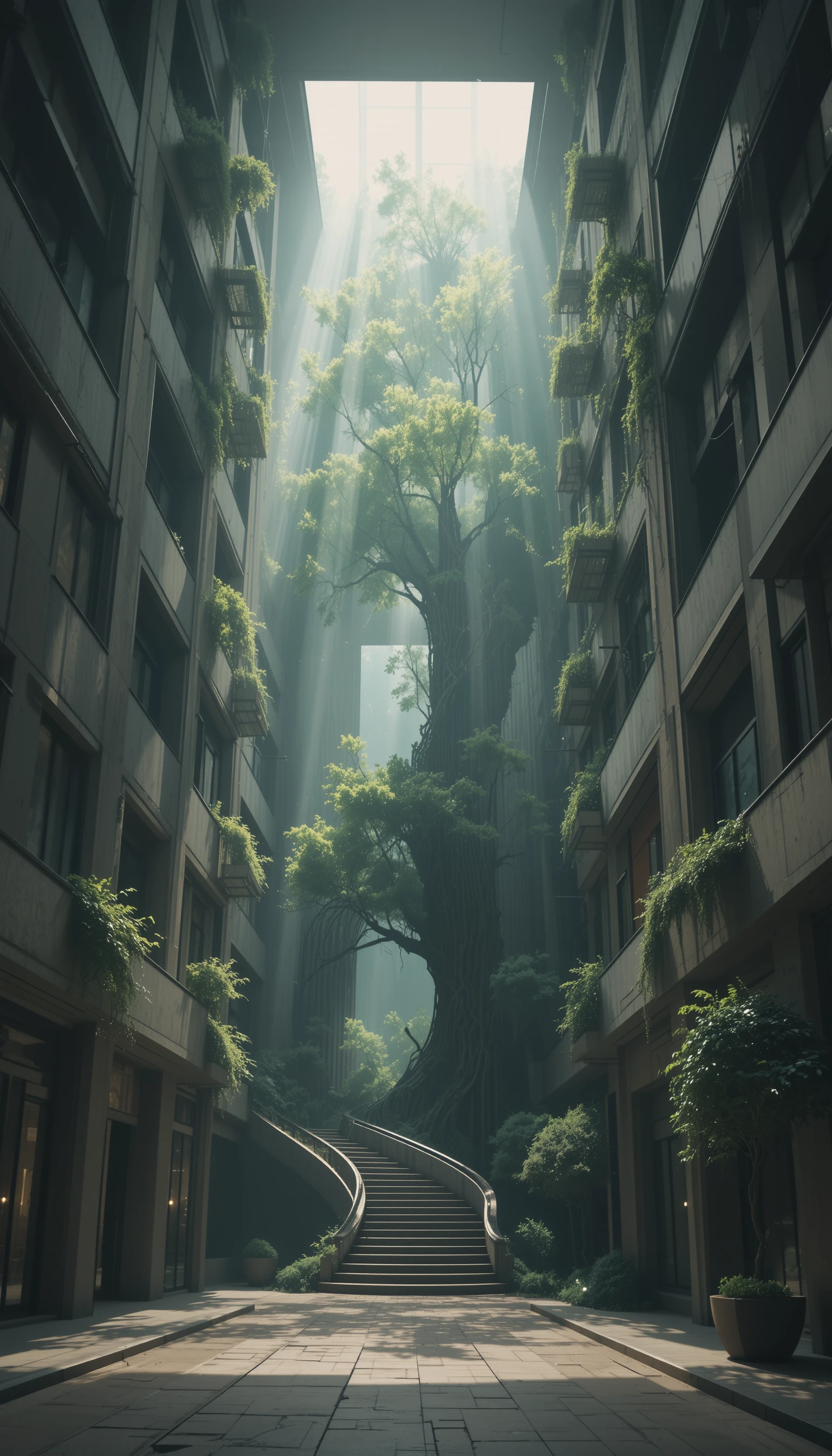 Futuristischer Turm, der sich nach dem Regen mit einem riesigen Baum verschlungen hat