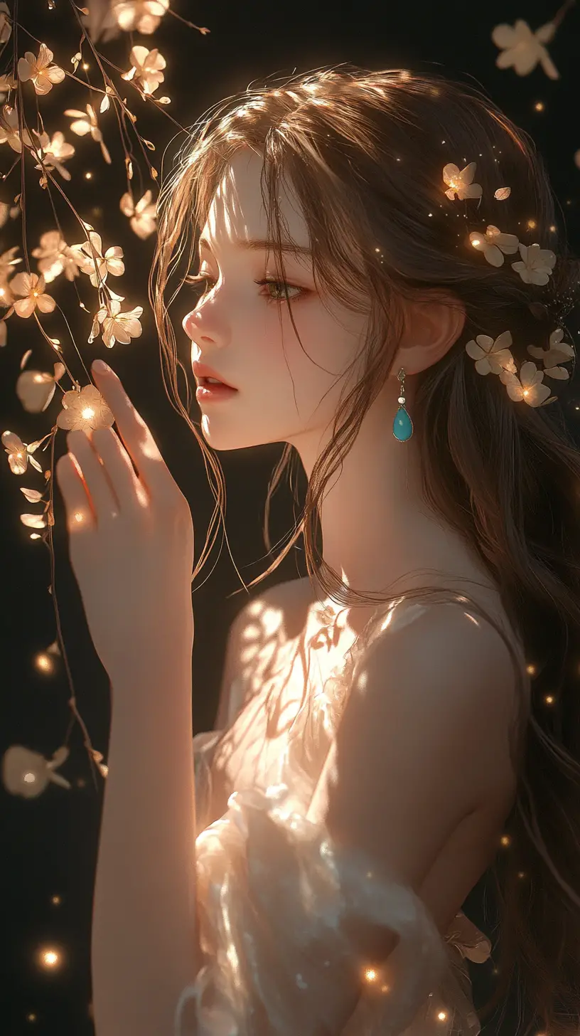 Anime girl in a moonlit forest clearing with glowing vine