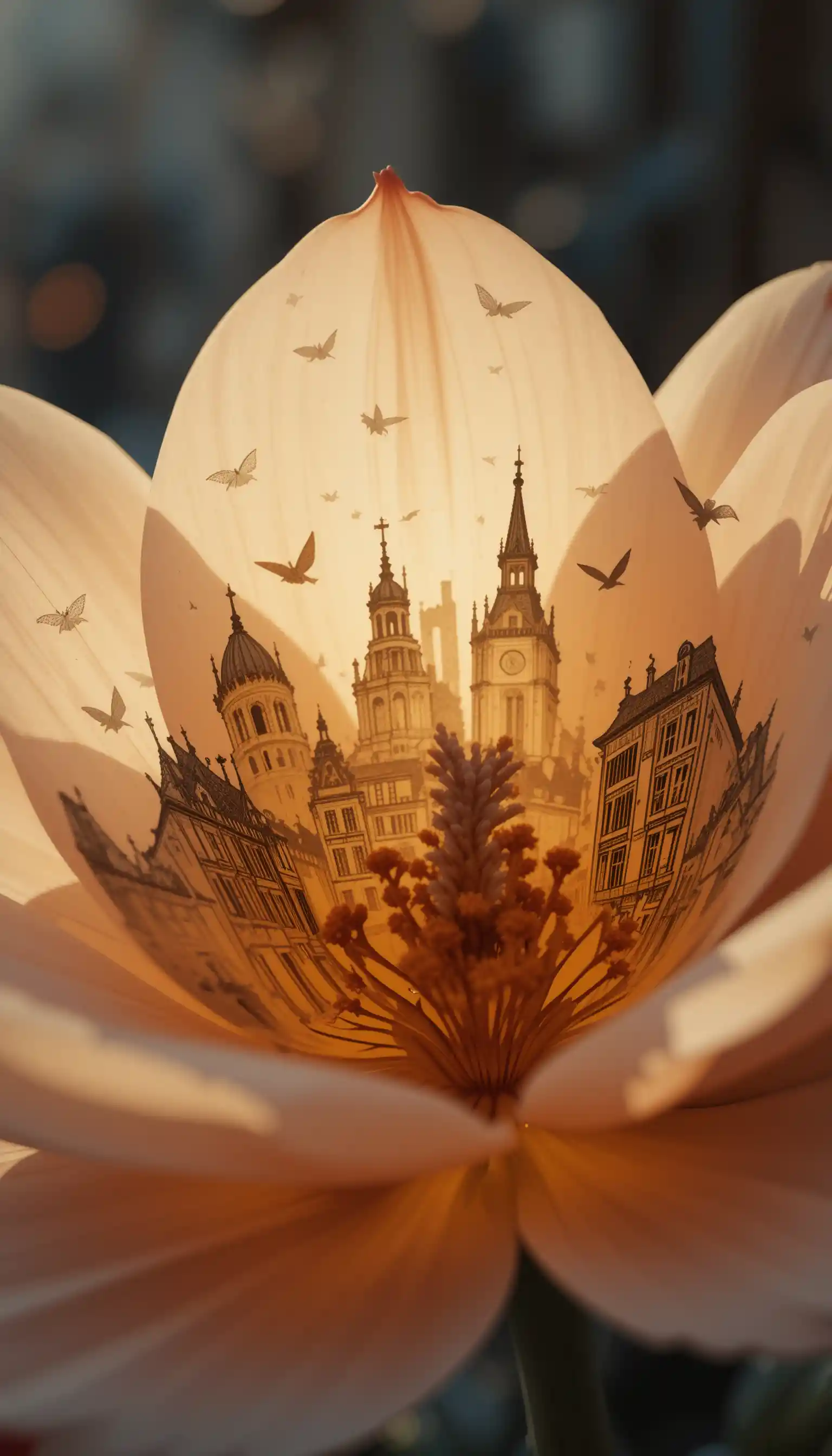 Close up blooming flower with nostalgic vintage city details