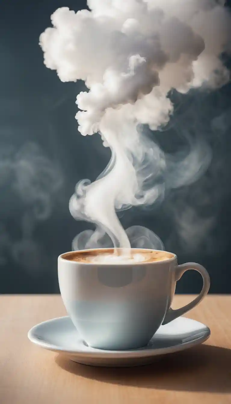 Dampfe Tasse Kaffee, die im Morgenlicht eine weiche Wolke formt