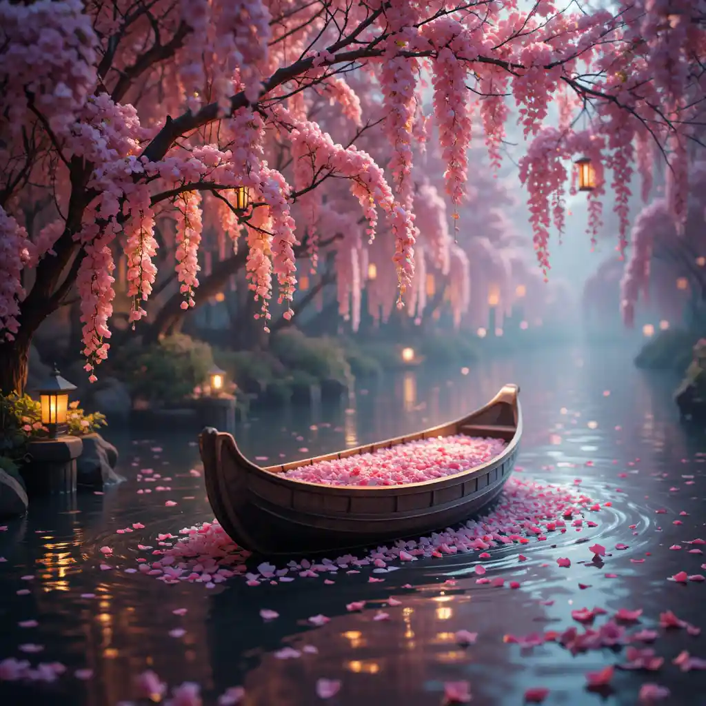 Boat of petals drifting along a lantern lit river