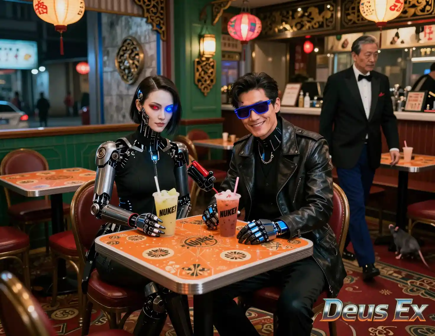 Coppia di cyborg che si rilassa a un tavolo di un caffè futuristico a Hong Kong