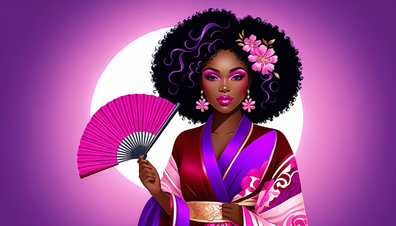 Femme élégante avec éventail floral en robe violette et rose