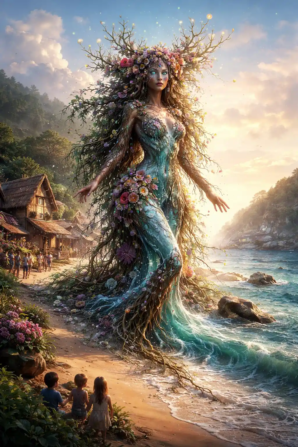Humanoid nature spirit rising from shoreline into village