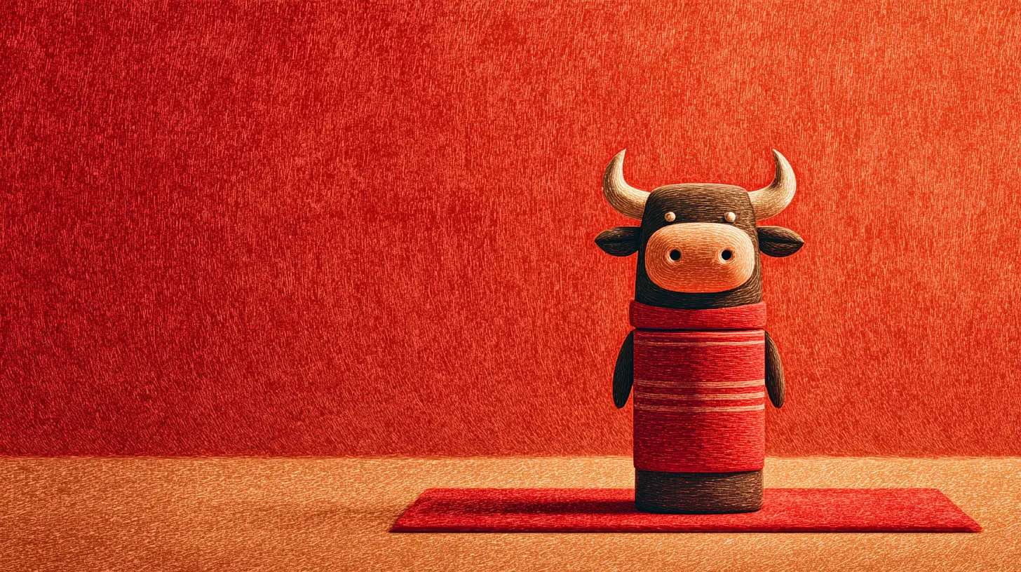 Cartoon-Stier-Pez-Spender auf einer leuchtend roten Matte