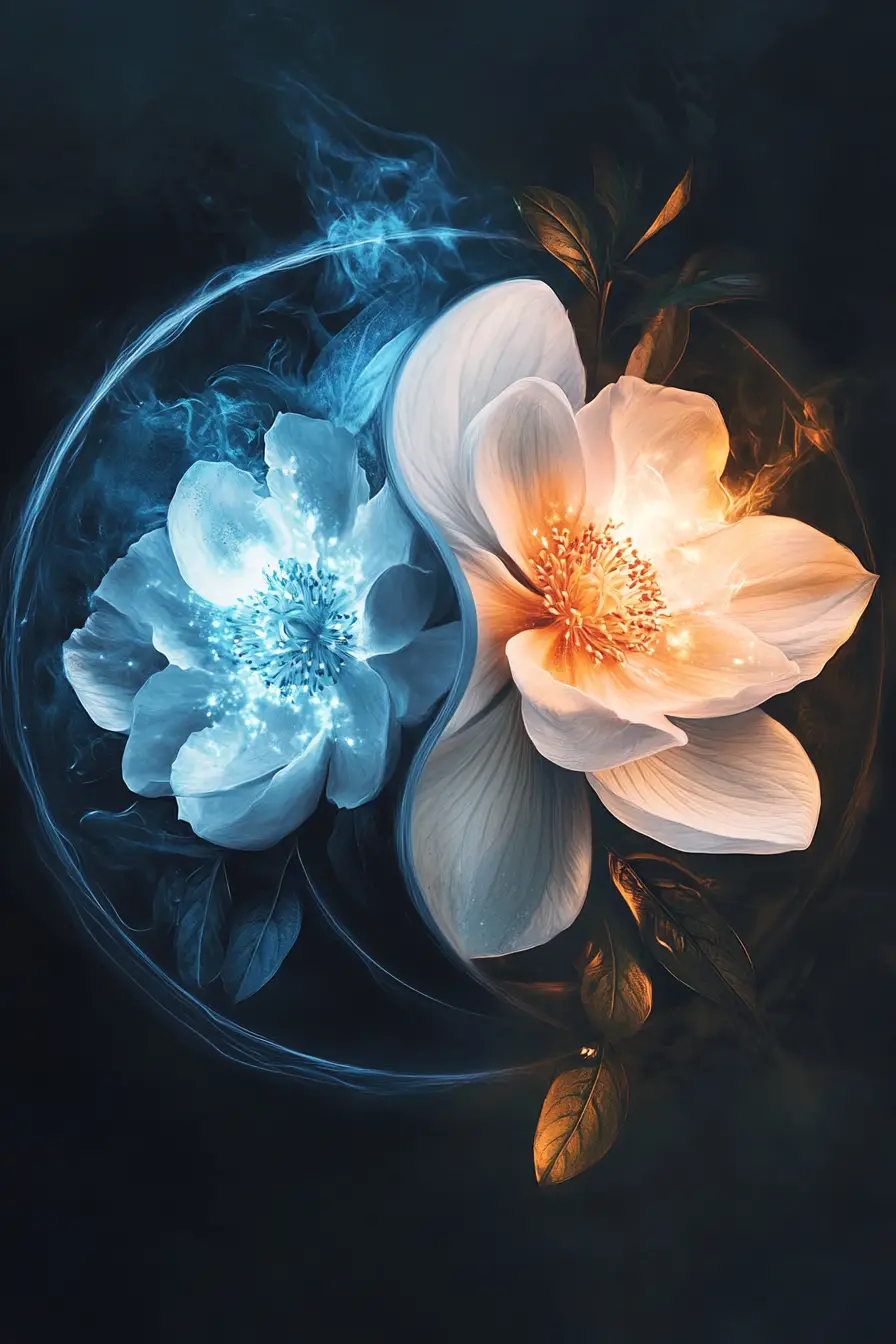 Yin yang floral circle with glowing fantasy flowers