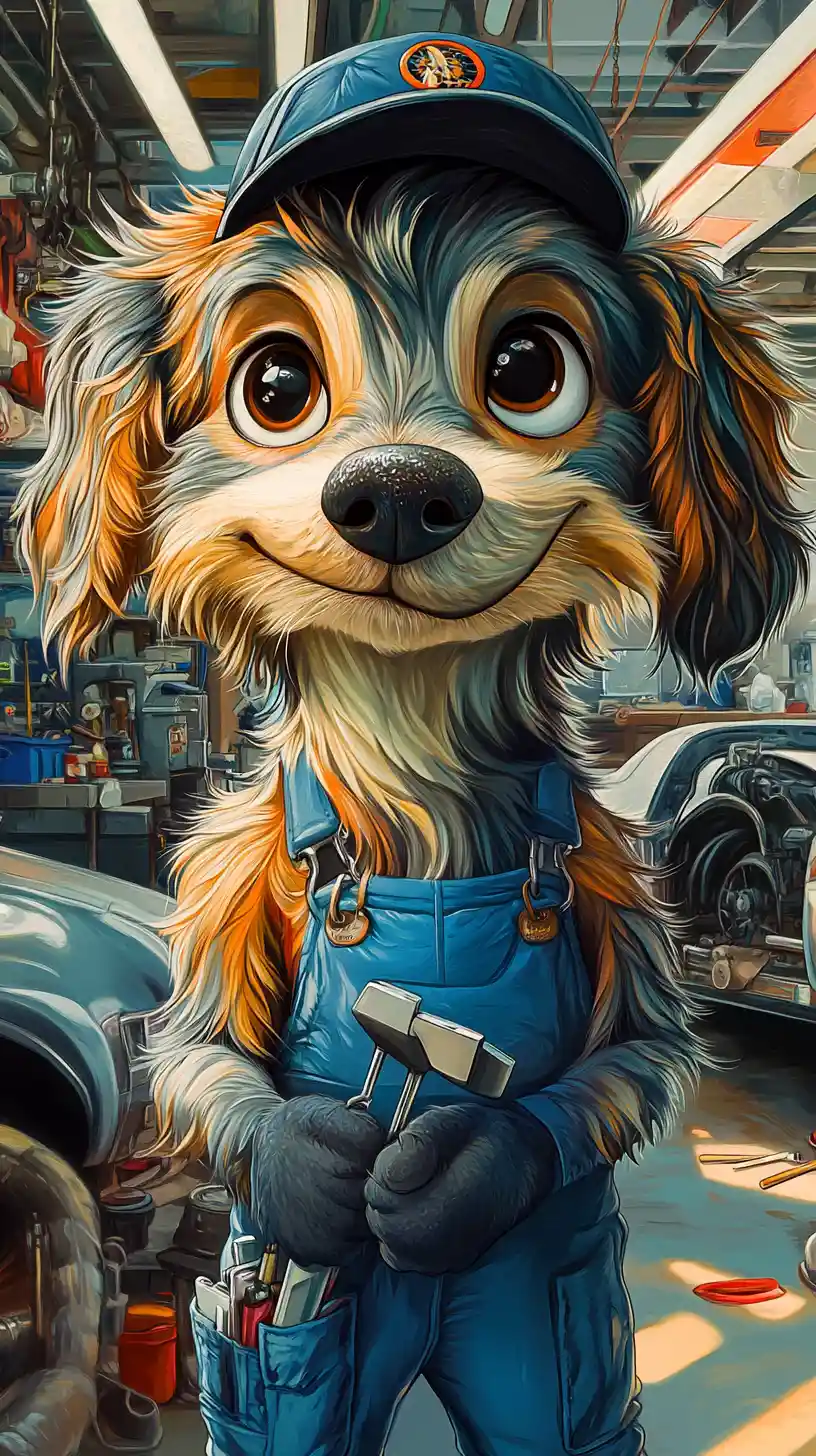 Anthropomorphic mechanic dog working on a car in overalls