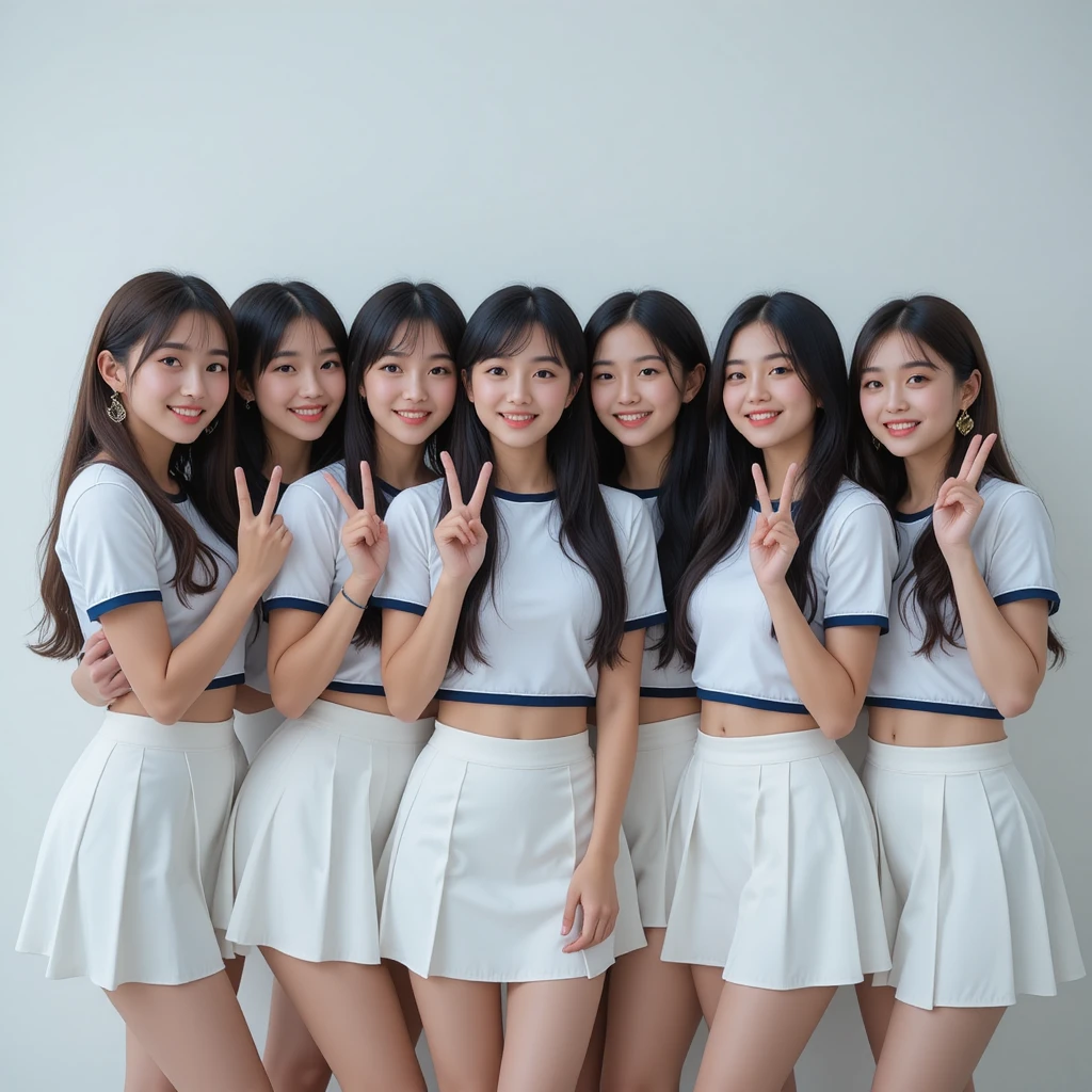 Sei giovani donne asiatiche che posano insieme con outfit coordinati