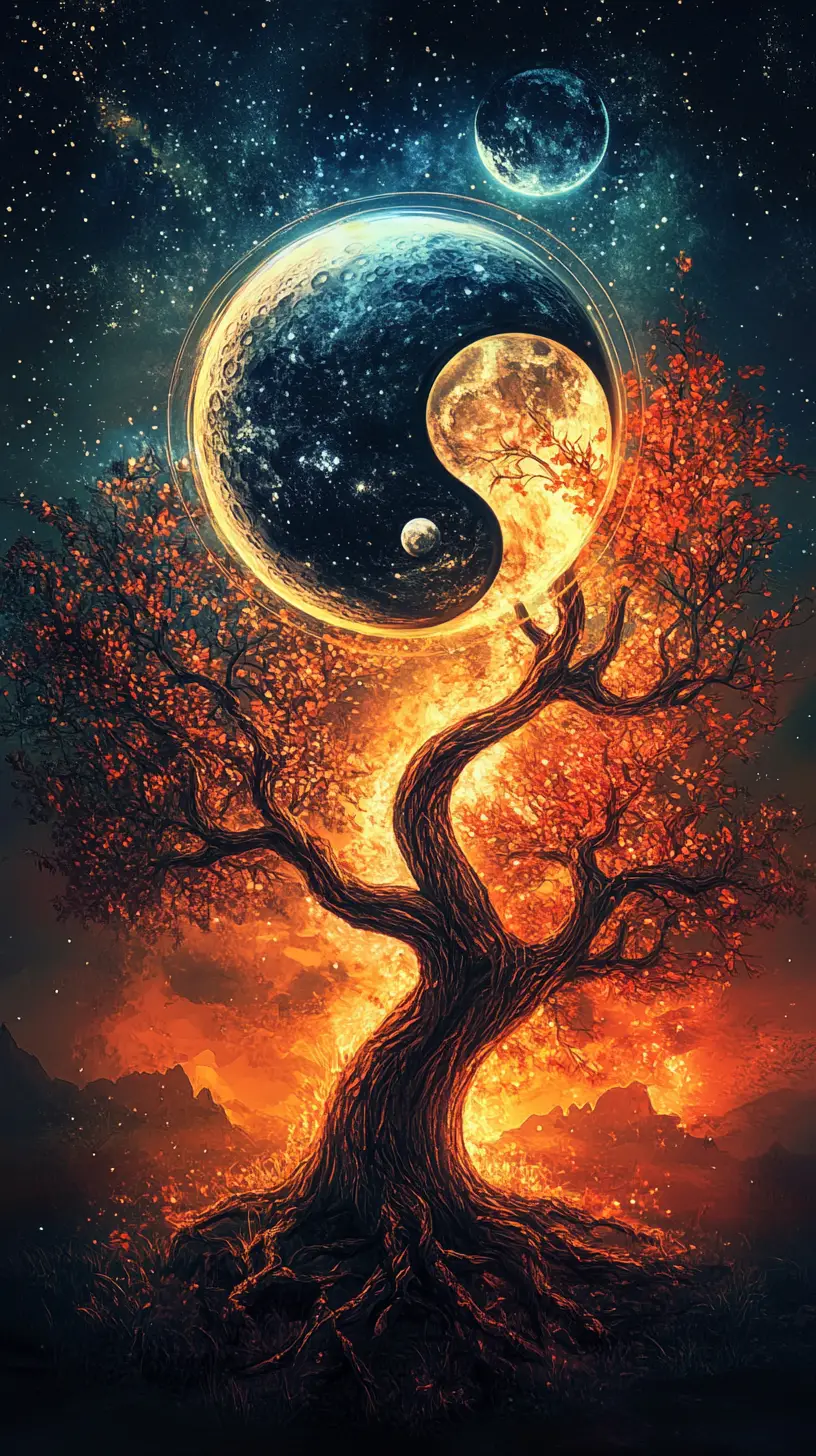 Glowing Yin Yang With Intertwined Dark And Light Trees