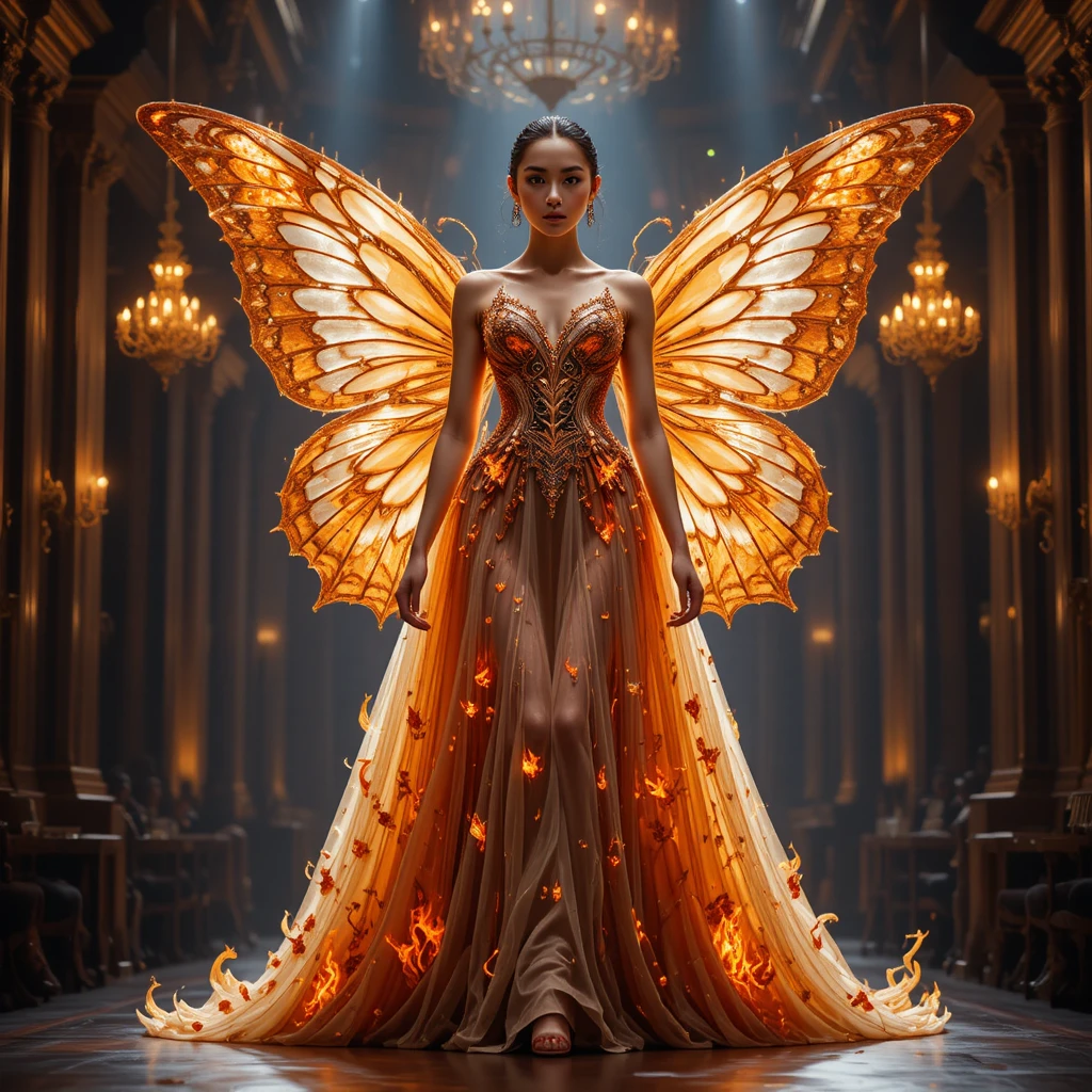 Couture gown with phoenix butterfly wings on dramatic runway