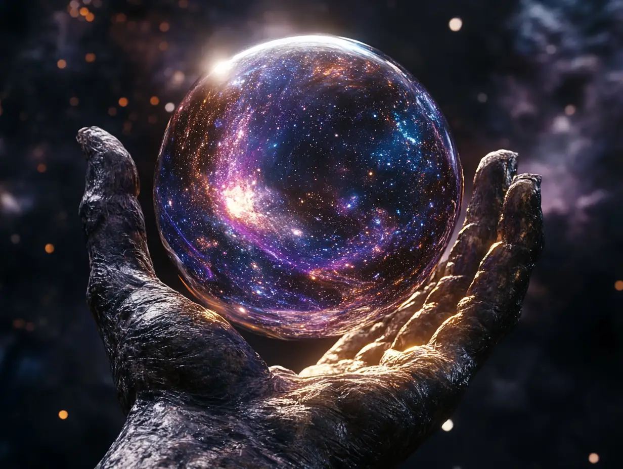 Stone hand holding a luminous galaxy glass sphere