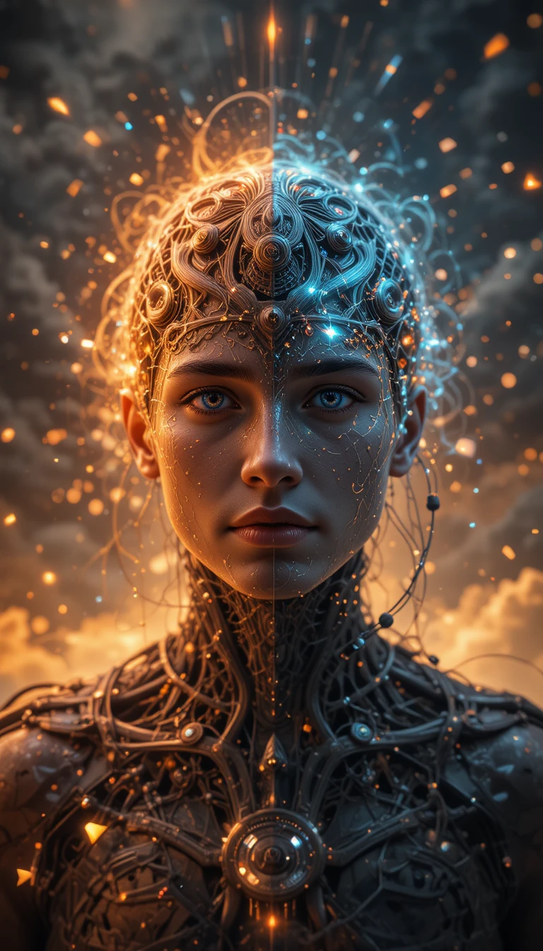 Coscienza umana che si fonde in una realtà virtuale a strati