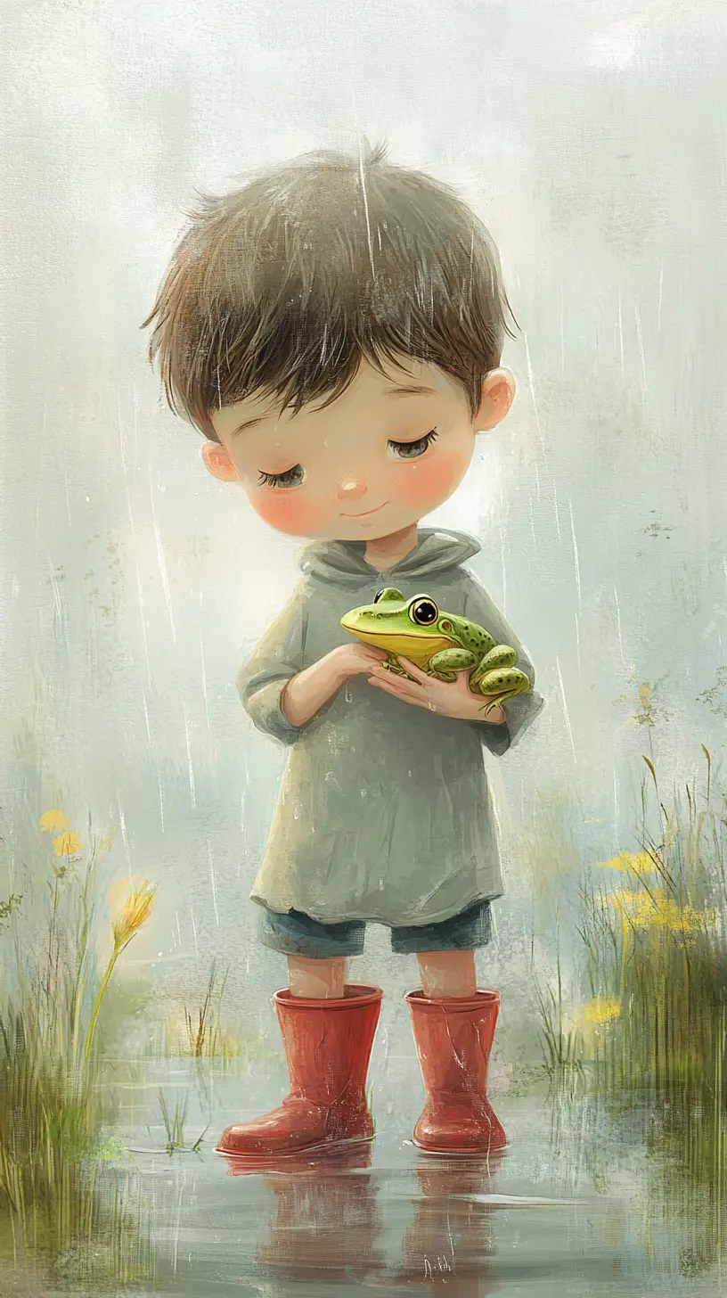 Young boy in rain boots sheltering a tiny frog