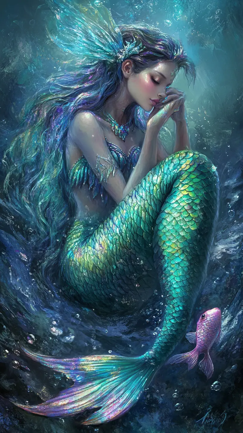 Mystical mermaid with glowing eyes in a shadowy ocean