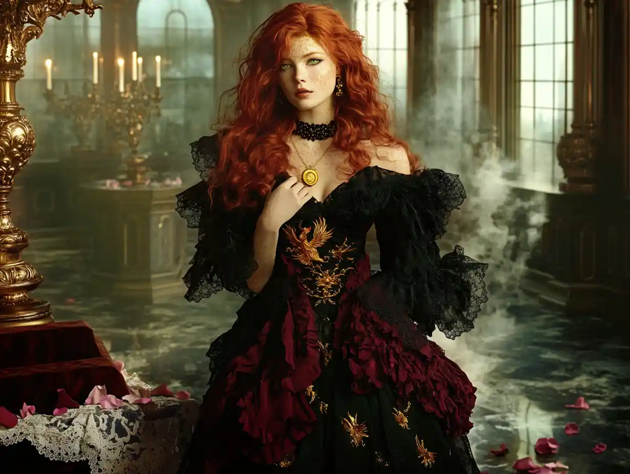 Red haired woman in a dark luxurious candlelit chamber