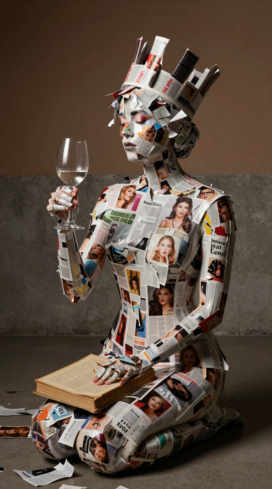 Donna con body art a collage di carta con corona e libro