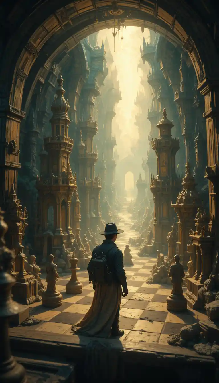 Explorer discovering a hidden miniature world in a chess set