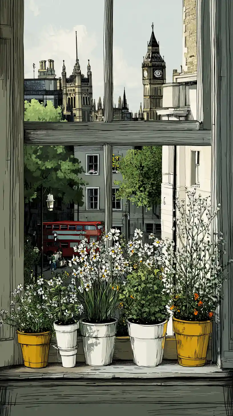 Vista ilustrada desde la ventana de monumentos de Londres con macetas de flores