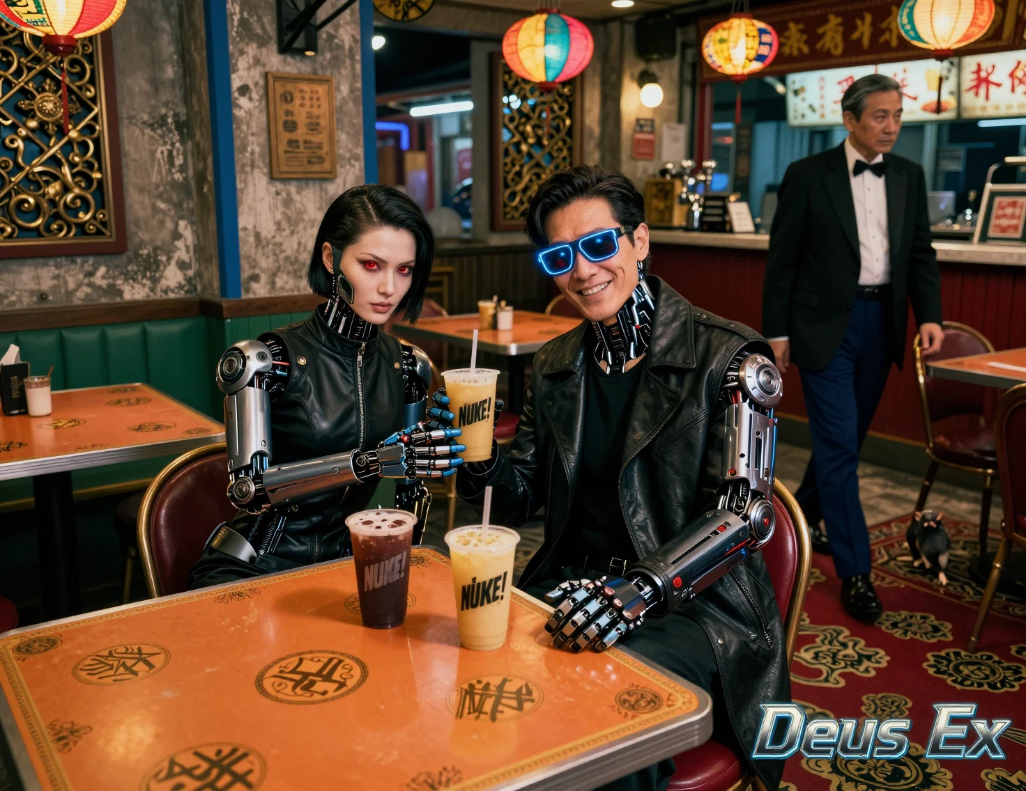 Coppia di cyborg potenziati che si rilassa a un tavolo di un caffè notturno