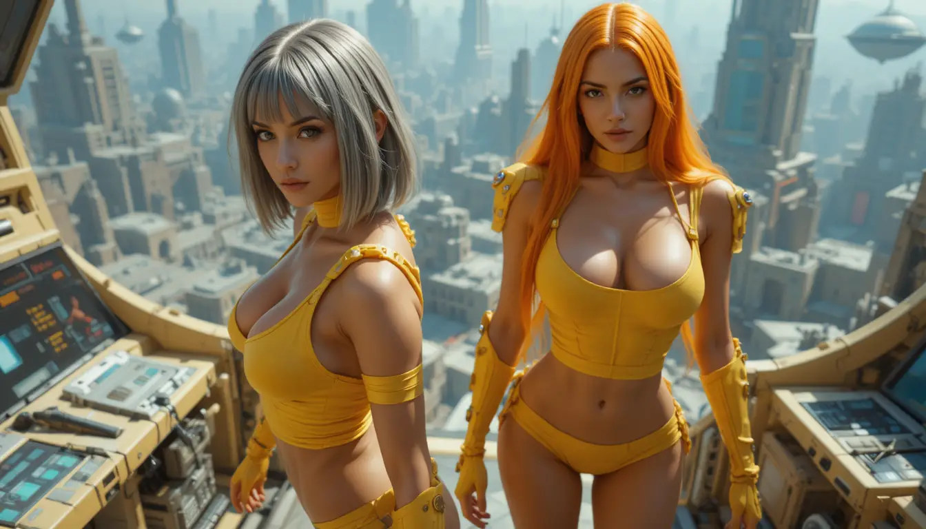 Two armored sci fi women on stairs in alien city
