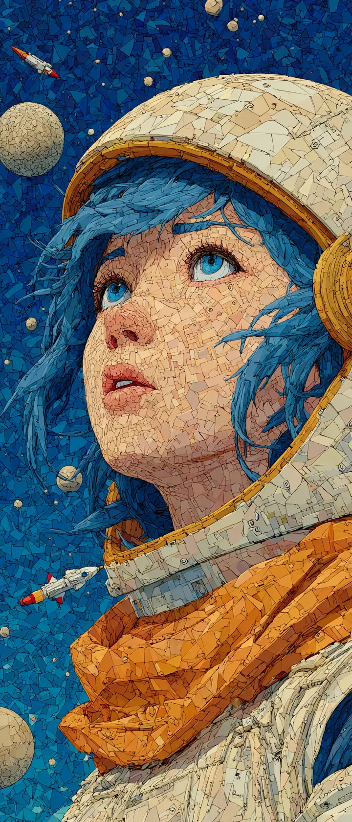 Anime astronaut woman floating among surreal lego planets