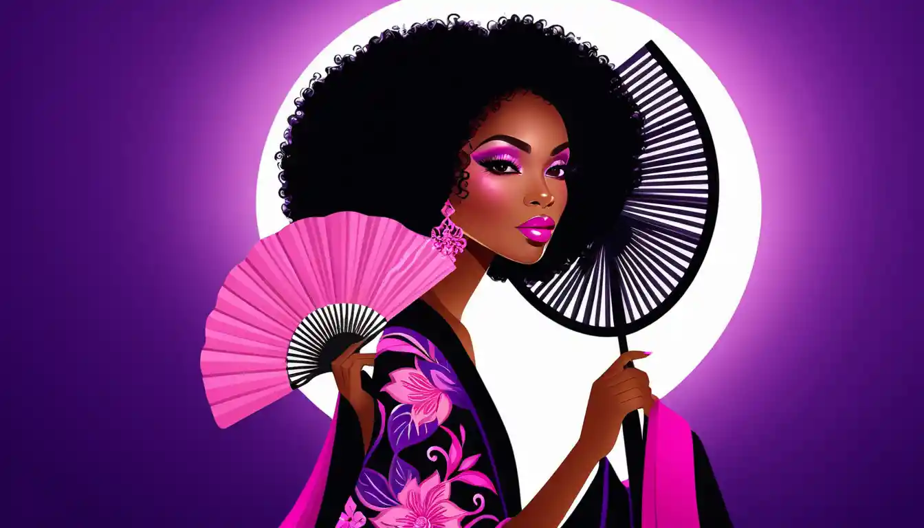 Elegant woman with floral fan in purple and pink robes