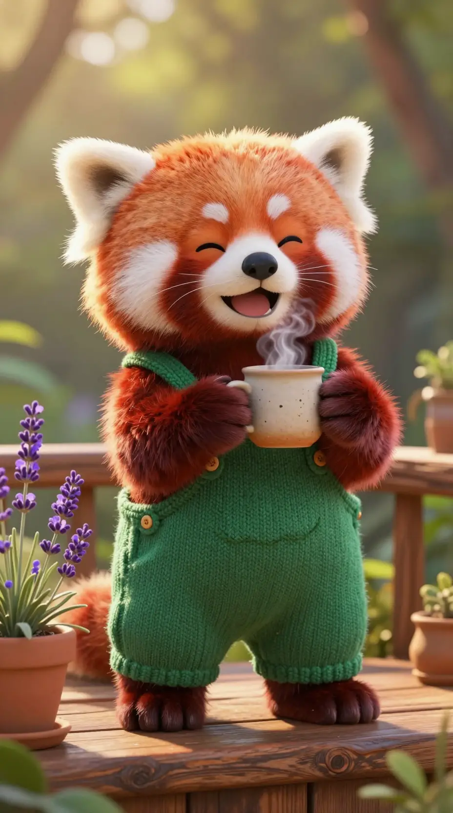 Cute red panda with coffee on a sunny wooden balcony