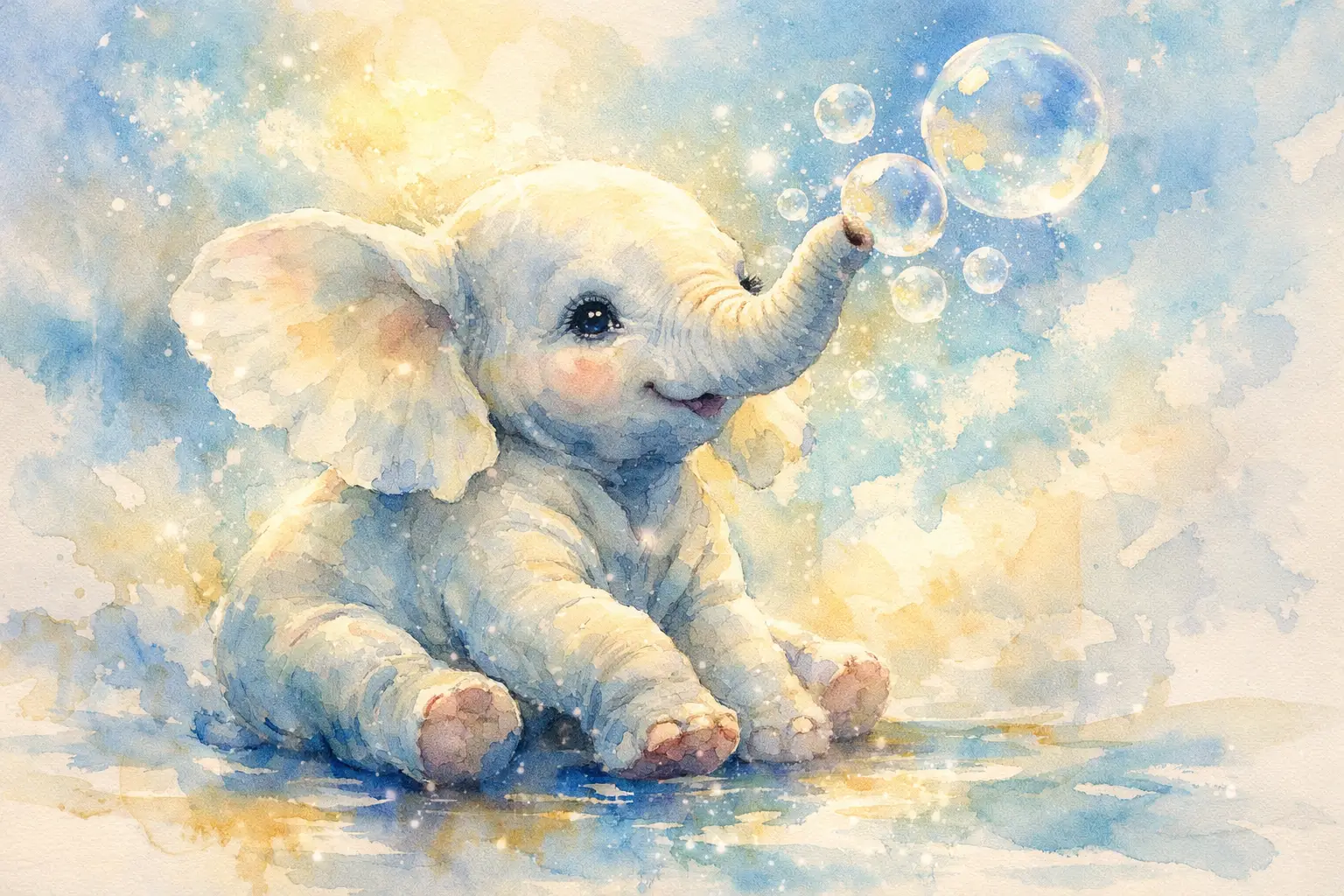 Baby elephant blowing bubbles in soft digital watercolor