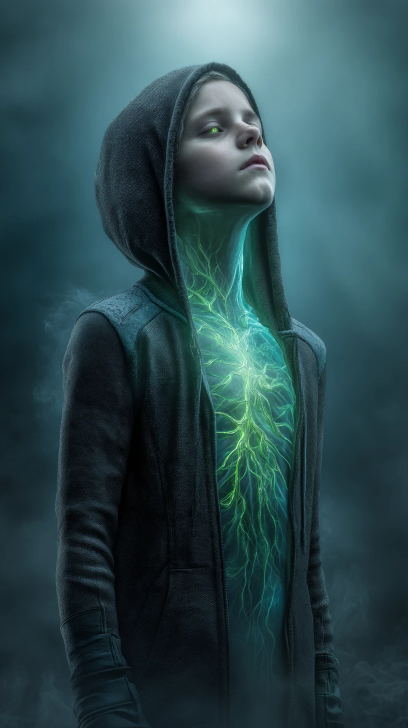 Surreal sci fi portrait of a glowing humanoid in fog
