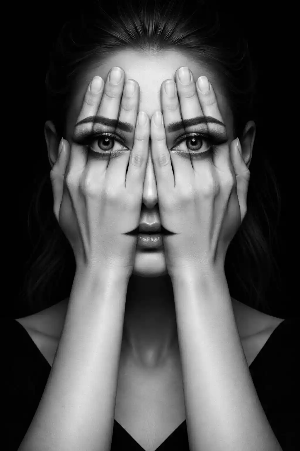Surreal black and white portrait of woman with painted eye hands