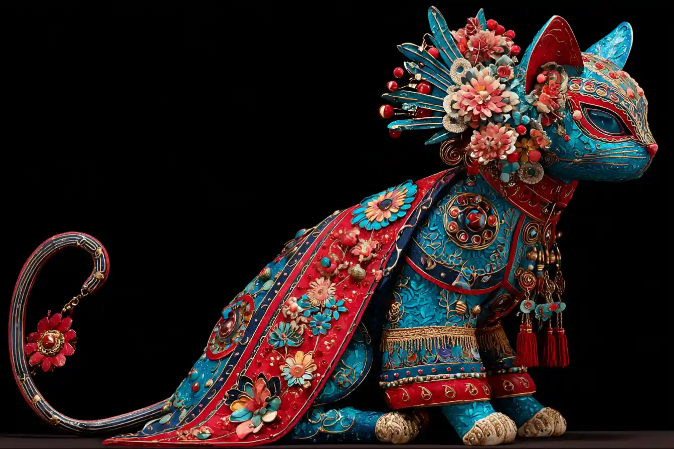 Orientalische Katze im prunkvollen chinesischen Kaiser-Puppenkostüm
