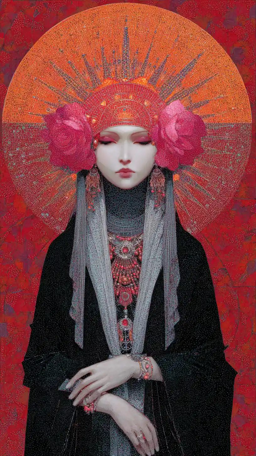 Glamorous surreal goddess in a glitching pixel fantasy vision