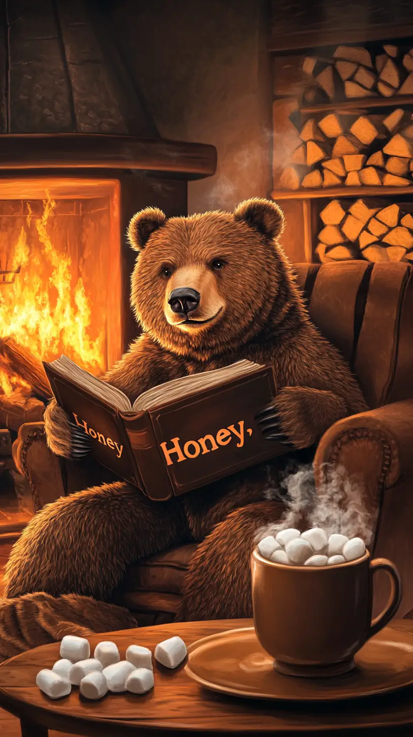 Cozy brown bear reading by a warm fireplace