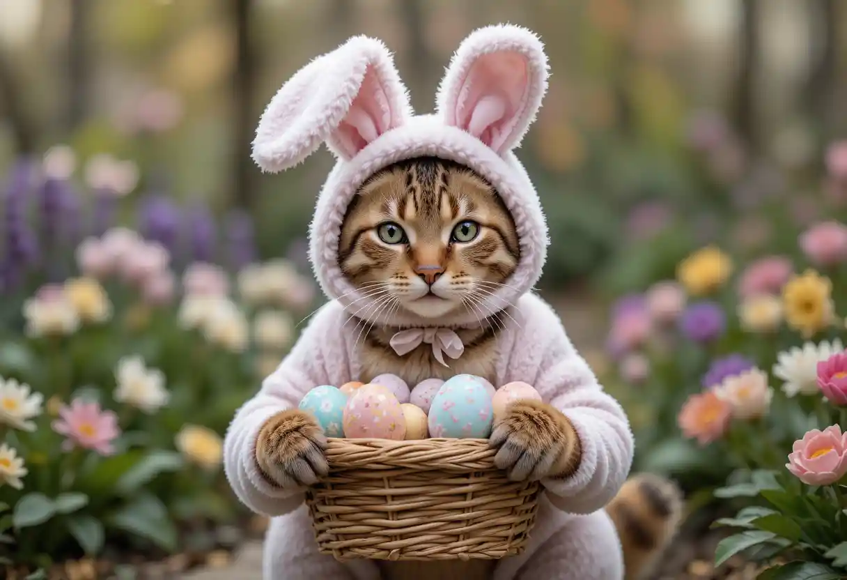 Bengalkatze im Hasenkostüm mit Osterkorbkörbchen