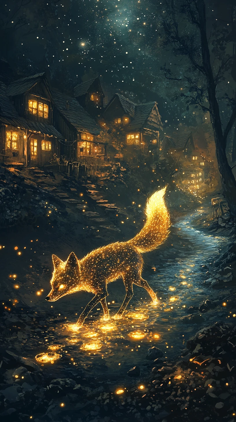 Volpe luminosa che cammina lungo una magica riva illuminata dalle stelle
