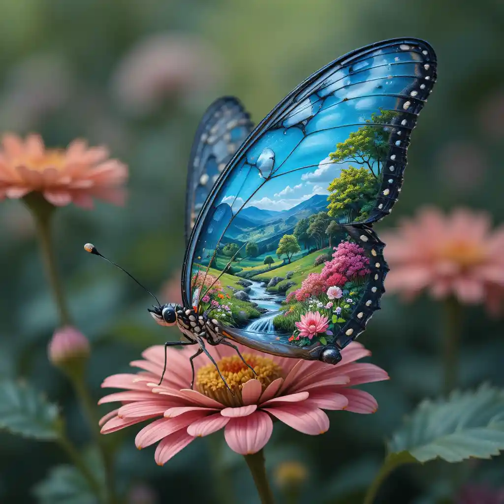 Butterfly With Landscape Wings Resting On A Delicate Flower