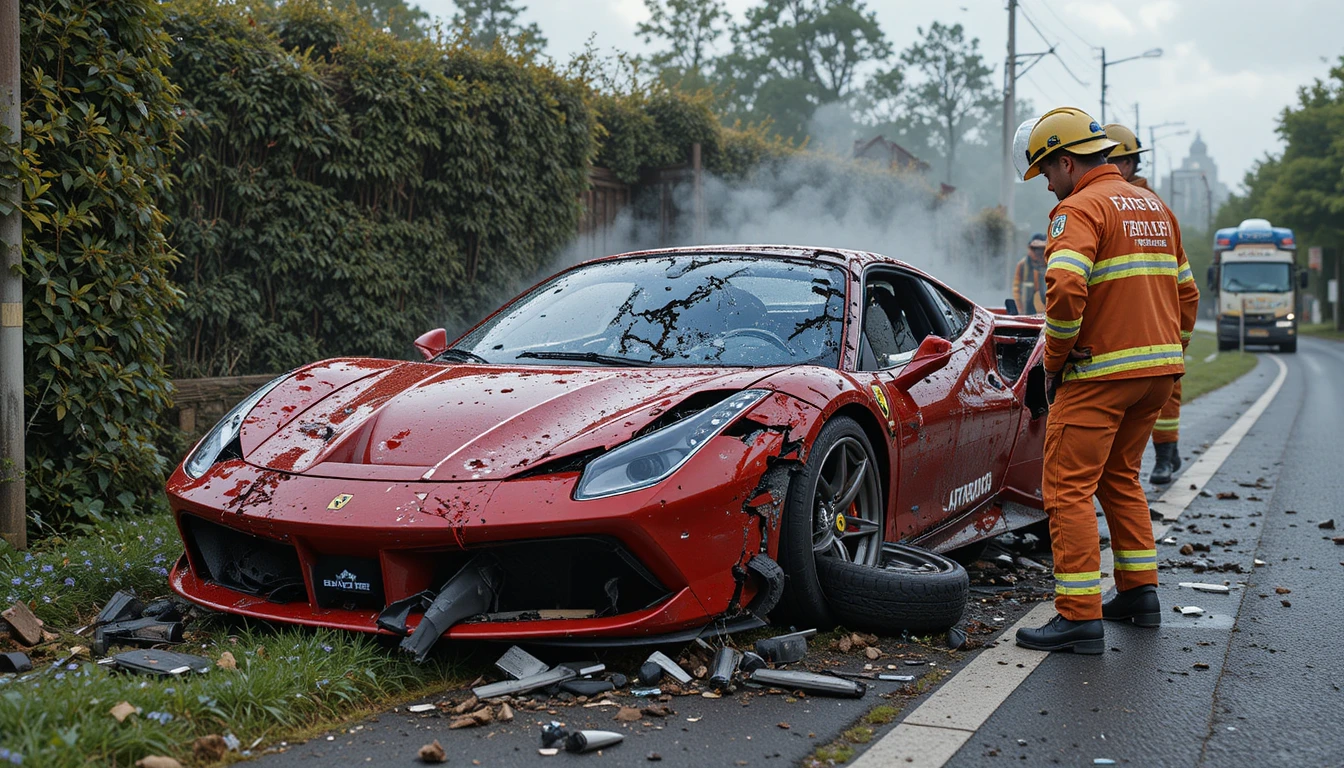 Auto sportiva rossa CGI iperrealistica incidentata sul bordo della strada