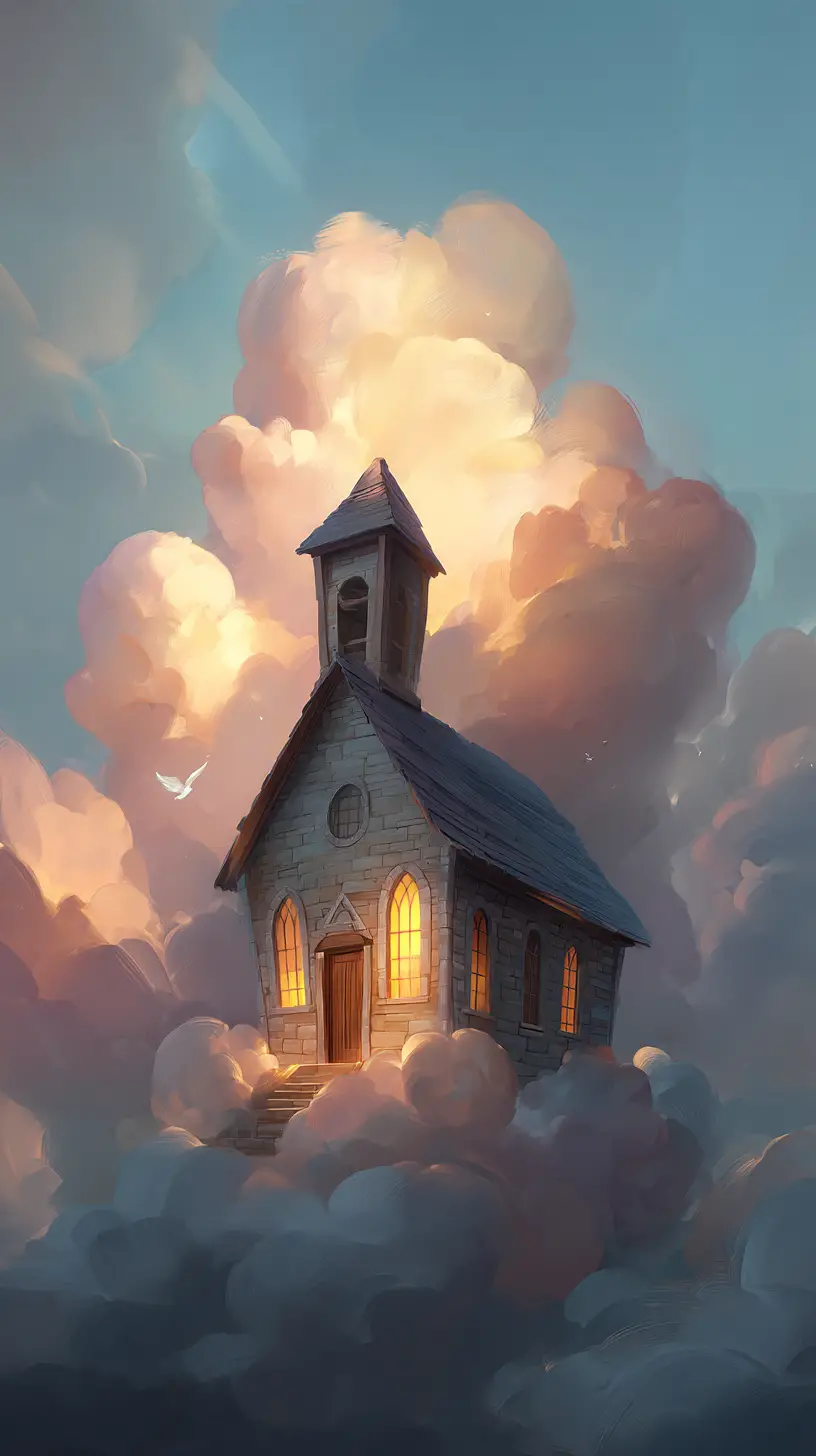 Solitary stone church floating on sunrise clouds