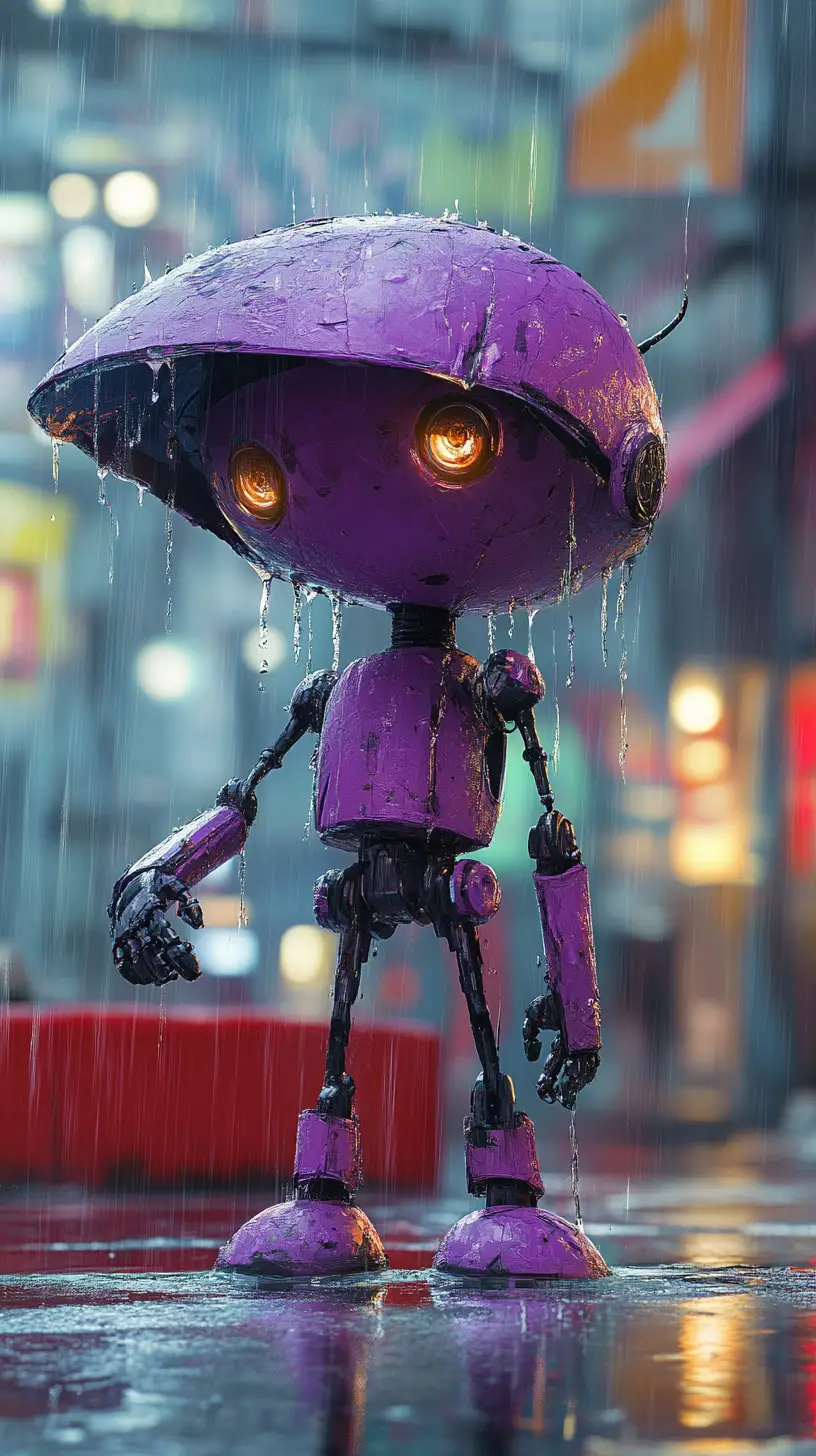 Purple robot in rain beside an old red bench