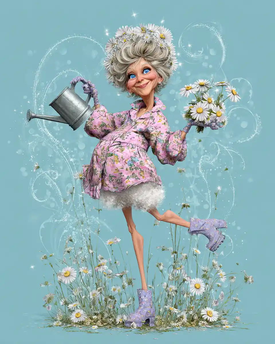 Joyful Grandma In Floral Housecoat With Watering Can