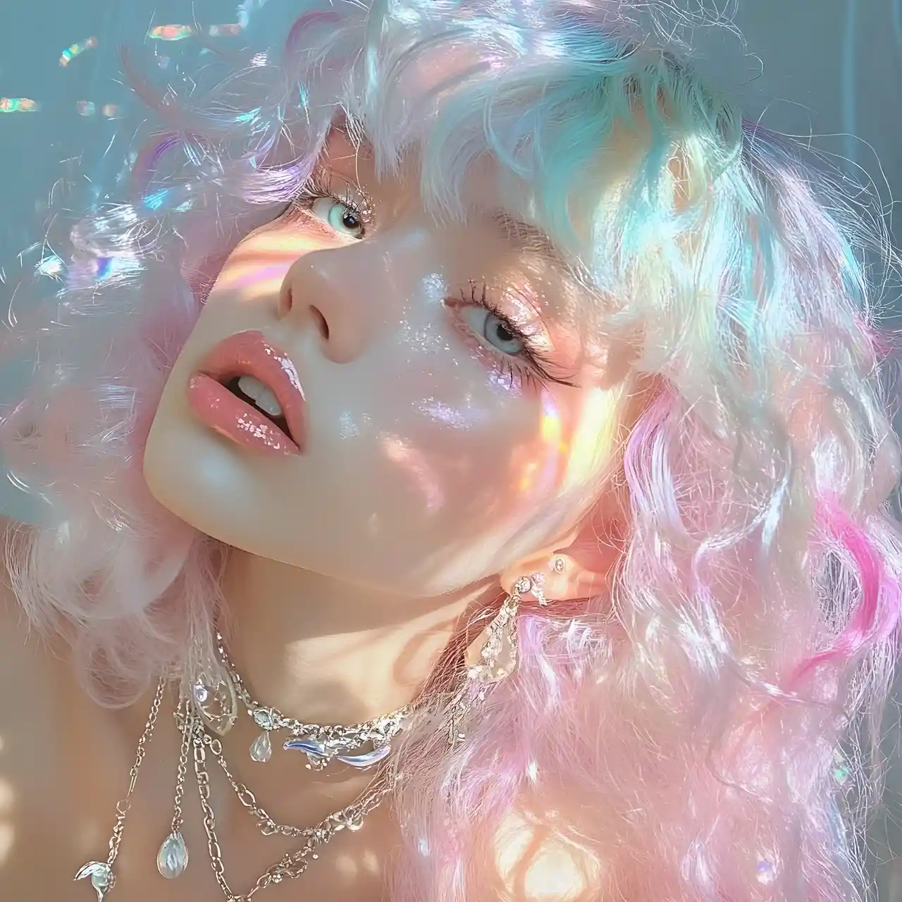 Whimsical pastel fantasy woman with colorful makeup
