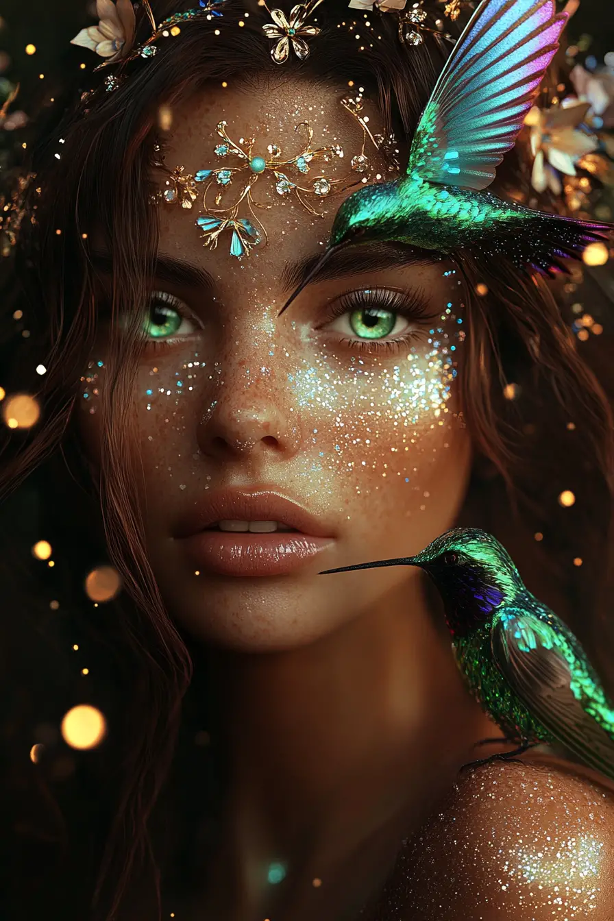 Mujer encantada con cabello enjoyado y colibrí luminoso