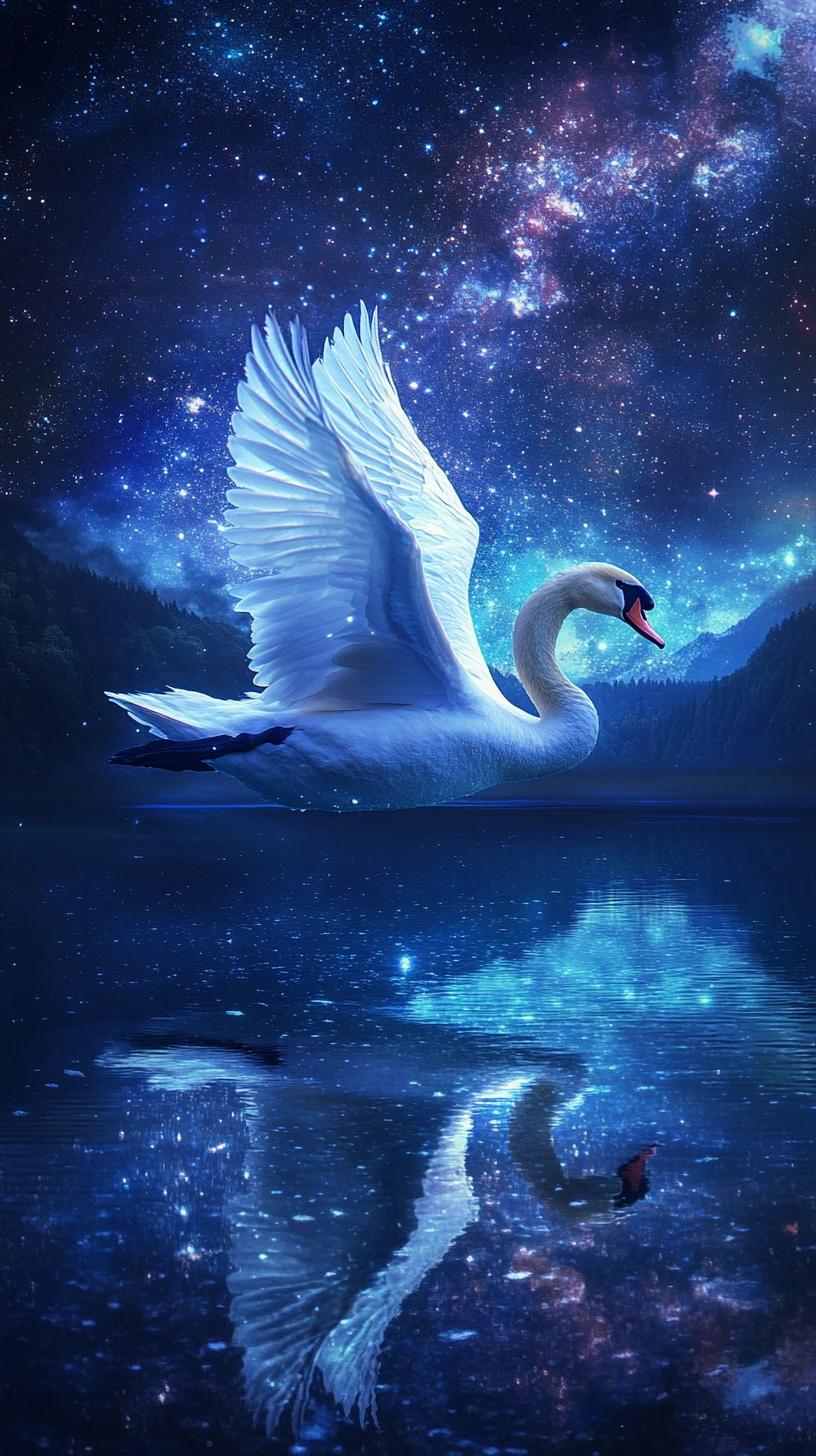 Cigno che scivola su un lago a specchio sotto un cielo stellato