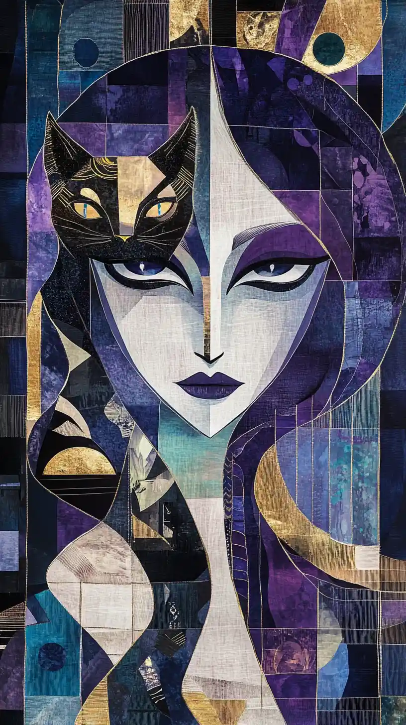 Abstract cubist woman entwined with a sleek cat form