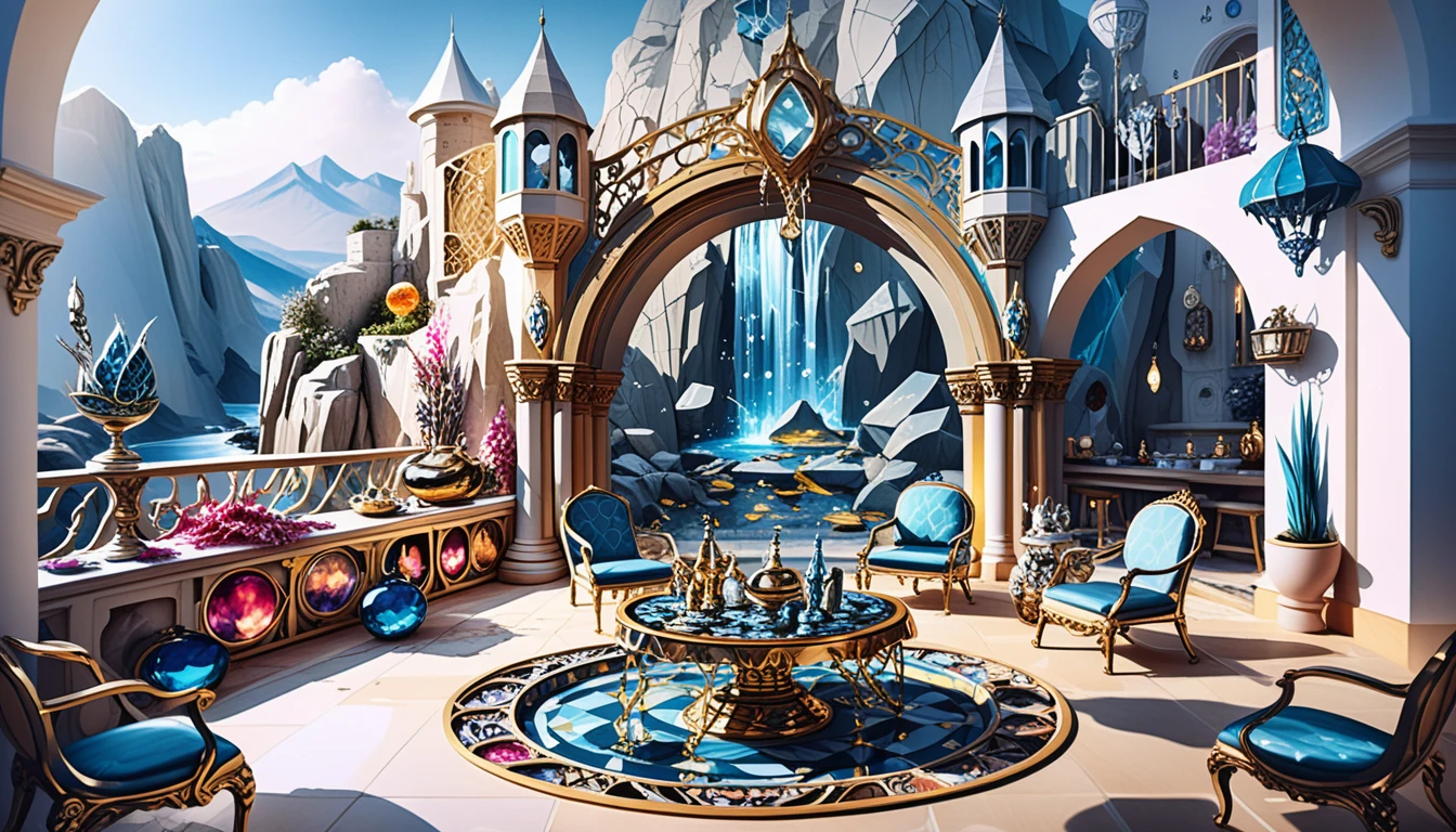 Luxuriöser Bergpalast-Balkon mit Blick auf Fantasy-Schloss