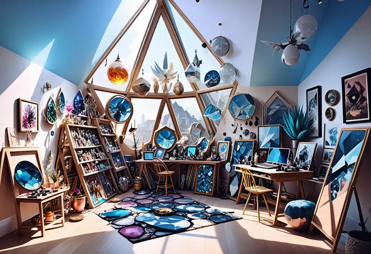 Solar punk loft studio with canvas and crystal displays